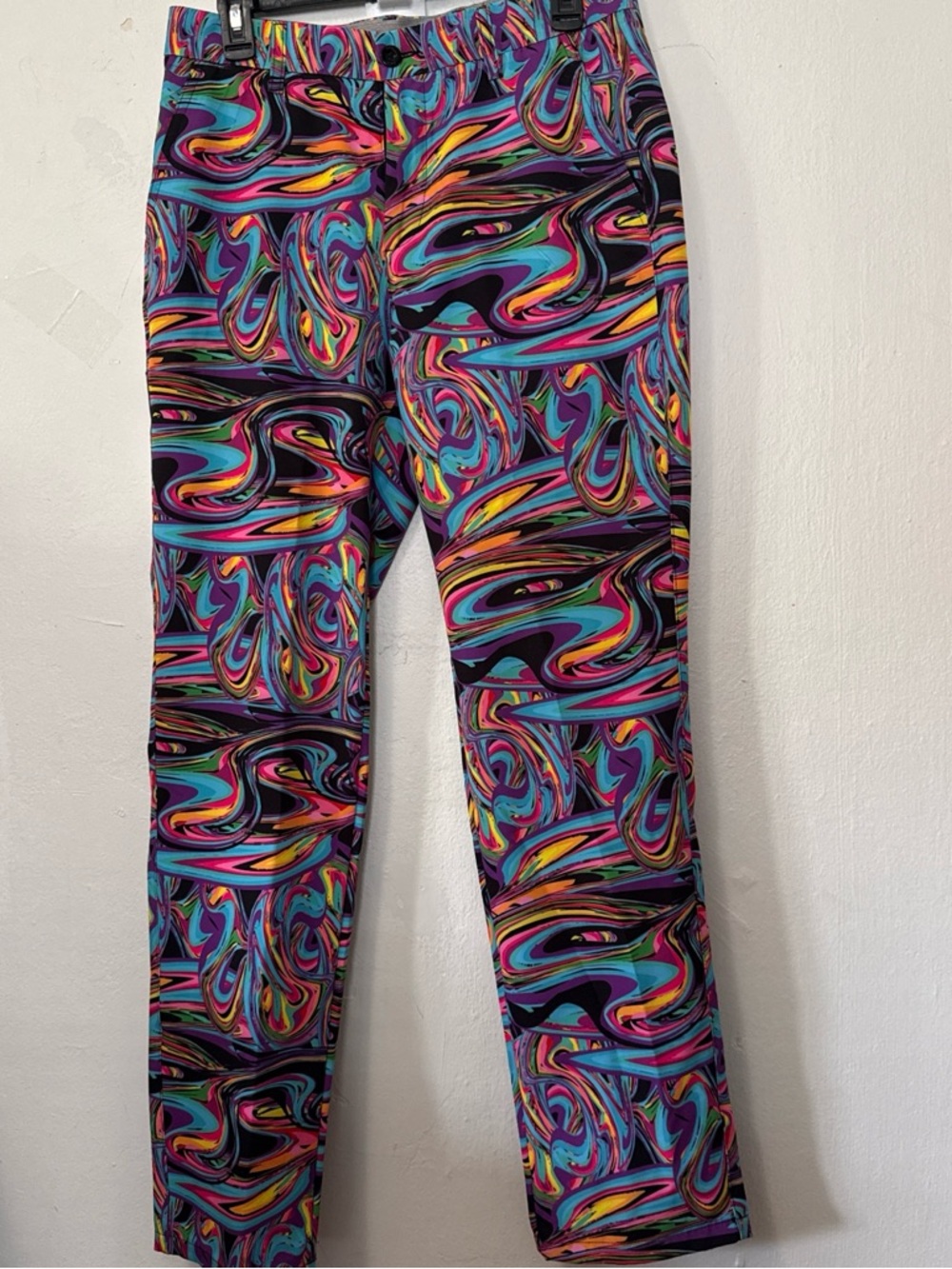 Hreski Multicolor Abstract Golf Pants Mens S32Wx32L Polyester Stretch Disco NWT